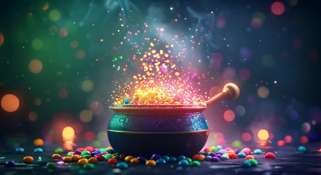 Playful 3D witch's cauldron bubbling with colorful potions and candies