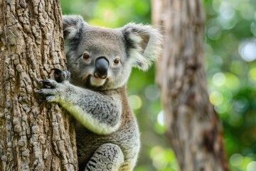 Obraz premium Koala bear on tree. Cute koala bear holding on to tree and looking at