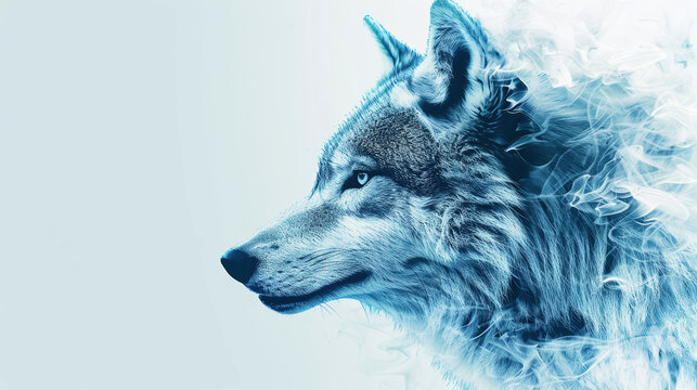 Surreal image of a powerful wolf amidst abstract smoke and mist, capturing the essence of wild nature and strength in a mystical manner.