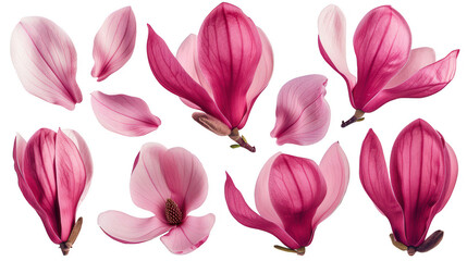 Beautiful Pink Magnolia Petals on a White Background, Nature and Elegance Display
