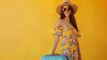 Fototapeta premium isolated over a colored background with text space, a cheerful woman wearing a summer dress, sunglasses, and a straw hat while carrying a luggage. Idea of a summer vacation, Generative AI.