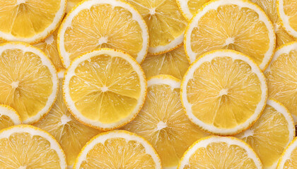Fresh lemon slices with water drops. Tasty and juicy citrus fruit. Close-up. Top view