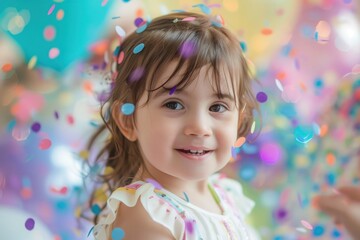 Fototapeta premium Little girl with balloons and confetti in a birthday party
