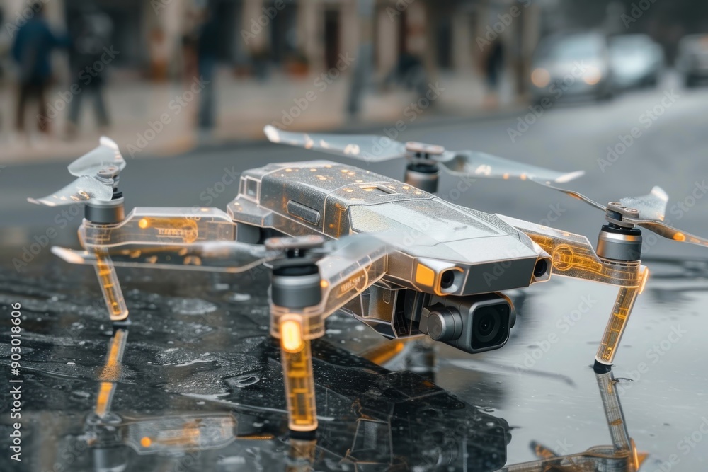 Aufkleber small drone with metallic accents hovering over a wet urban street creating a dynamic and futuristic