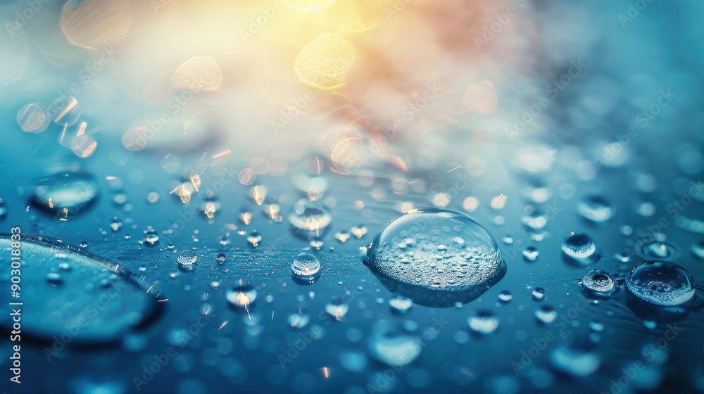 Poster a close-up of water droplets on a surface with a soft focus and blurred edges, creating a refreshing