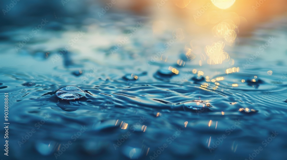 Poster a close-up of water droplets on a surface with a soft focus and blurred edges, creating a refreshing