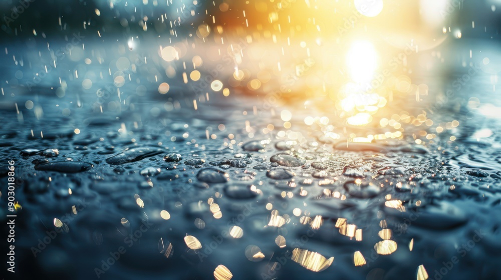Poster a close-up of water droplets on a surface with a soft focus and blurred edges, creating a refreshing