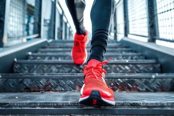 Fototapeta premium male runner athlete running feet up stair
