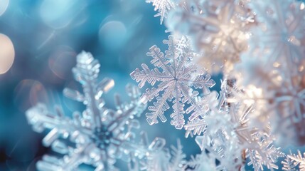 A close-up of snowflakes with intricate patterns and a soft focus, creating a delicate and wintery design