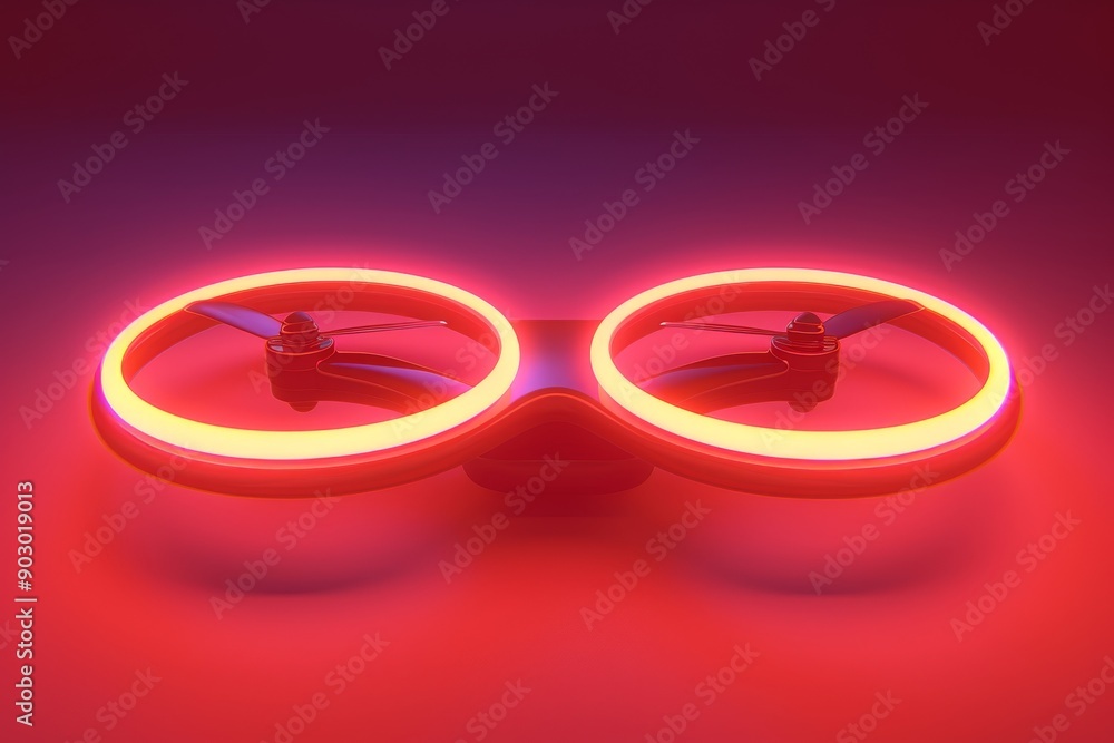 Poster red neon lit circular propeller drone in a futuristic studio setting highlighting advanced technolog