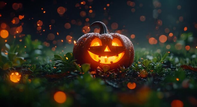 Charming 3D pumpkin patch with happy faces glowing in the night