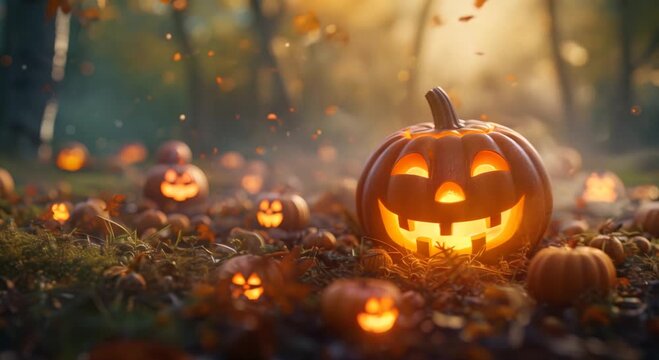 Charming 3D pumpkin patch with happy faces glowing in the night