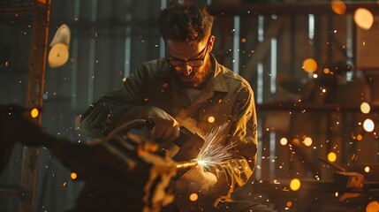 Handsome Male Artist Uses an Angle Grinder to Make Brutal Metal Sculpture in Studio Hipster Guy Polishes Metal Tube with Sparks Flying Off It Contemporary Fabricator Creating Abstract  : Generative AI