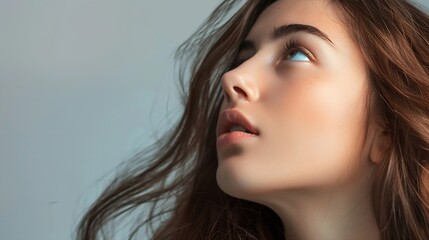 Naklejka premium Beauty fashion makeup concept Beautiful woman with brown long hairs closeup portrait looking up in grey studio background with copy space Eyes is in camera focus Soft gray color filter : Generative AI
