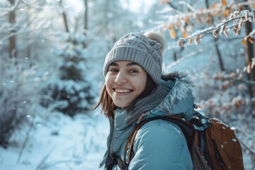man taking a walk in nature in winter. Happy young female exploring nature