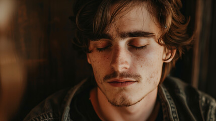 Obraz premium Young man with brown hair and eyes closed. ..