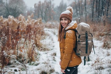 Fototapeta premium man taking a walk in nature in winter. Happy young female exploring nature