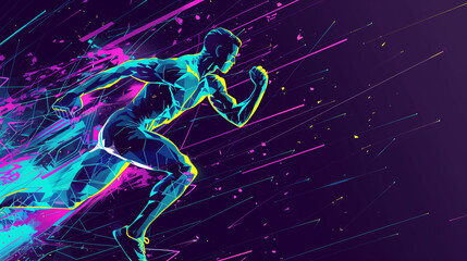 Neon abstract athlete running on colorful lines background. ..