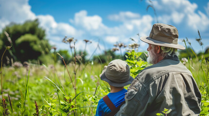 Senior man and child gazing at nature in summer field. ..