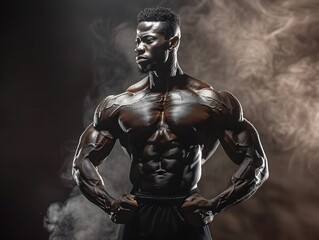 Fototapeta premium Muscular Bodybuilder Flexing in Dramatic Smoke Filled Studio