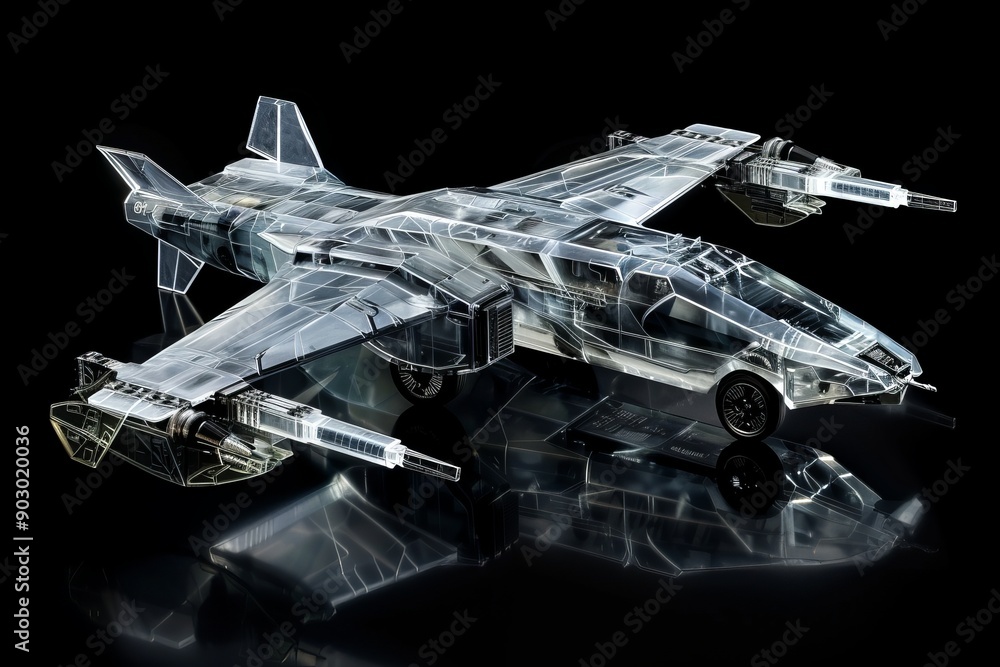 Poster transparent aircraft model with intricate details on a reflective surface showcasing advanced engine