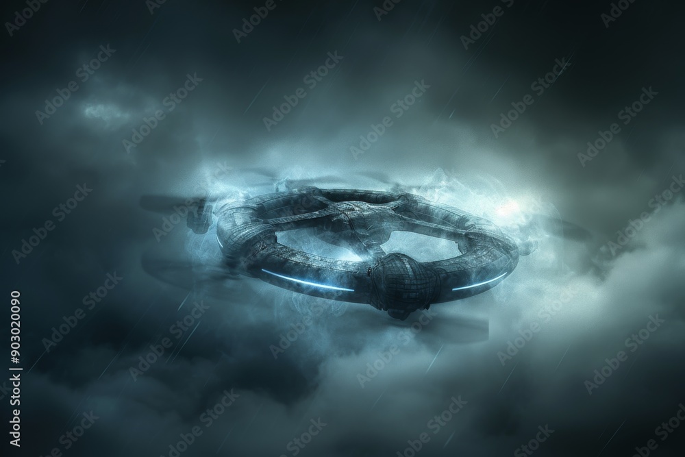 Poster futuristic drone flying through a cloudy sky creating a dramatic and advanced technological scene.
