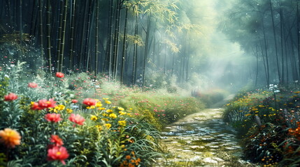 Tranquil Paths through Bamboo Groves lined with vibrant wildflowers