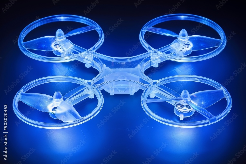 Aufkleber blue neon lit drone with circular propellers on a black background highlighting advanced technology 