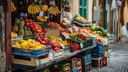 Obraz premium Fruit and vegetable stalls at the farmer's market, surrounded by colorful crates of fruits and vegetables, captured in a vibrant color photograph,