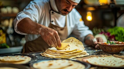 Chef making fresh tortillas at a Mexican restaurant, Chef, traditional and skilled