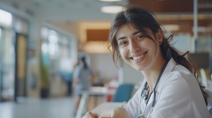 Smiling dietitian woman looking at camera sitting at hospital workplace Nutrition diet and professional healthcare worker concept : Generative AI