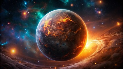 An alien planet glows orange in cosmic space, with a distant star illuminating the nebulous galaxy in this game concept art,generative ai 