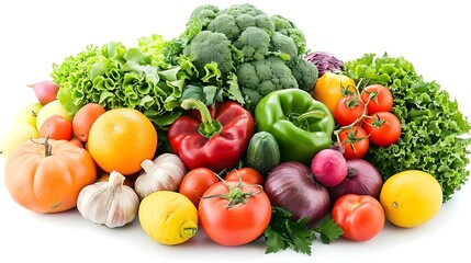vibrant assortment of fresh vegetables and fruits on white background