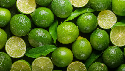 Fresh limes with water drops. Tasty and juicy citrus fruit. Close-up. Top view. Natural backdrop.