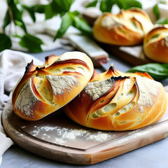 Beautifully crafted round loaf of bread emerges from oven, its golden crust glistening with sesame seeds. Warm inviting bread sits on wooden board, radiating comforting aroma that fills rustic kitchen