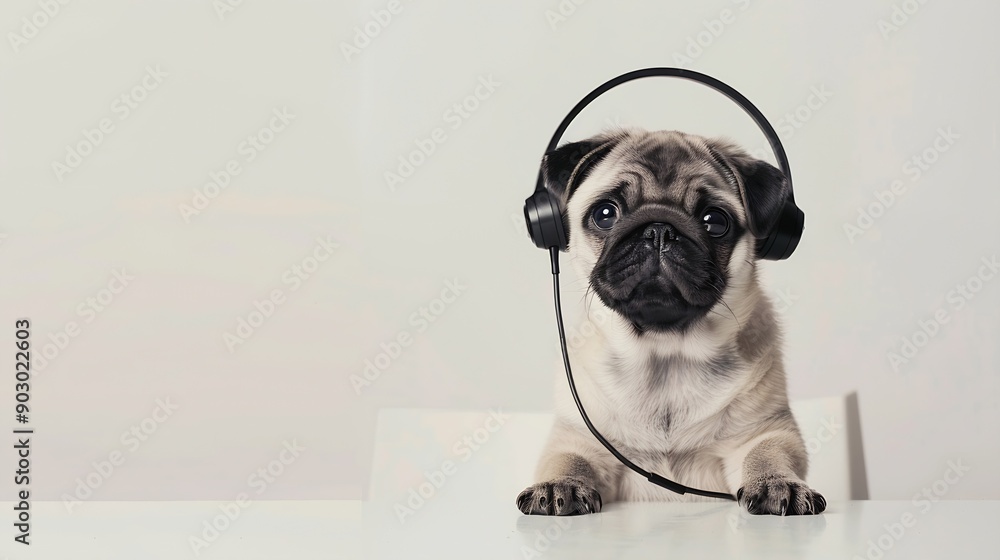 Poster pug puppy working in call center isolated on white background : generative ai