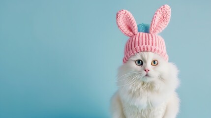 Funny white cat in hat with bunny ears on blue background : Generative AI