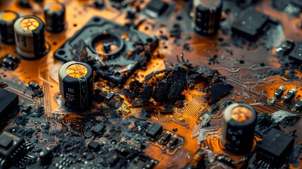 close-up of damaged electronic circuit board with burnt components