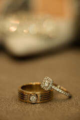 Close-up of bride and groom's wedding rings. Macro photography.
