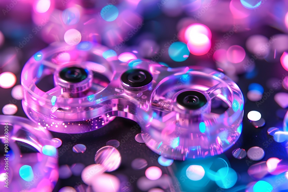 Poster transparent drone with pink neon lights on a reflective surface highlighting advanced technology and