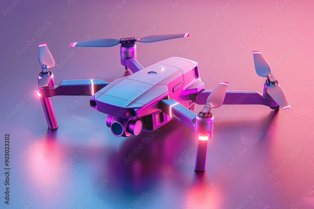 Poster small pink and white drone with neon lights in a studio setting showcasing advanced technology and s