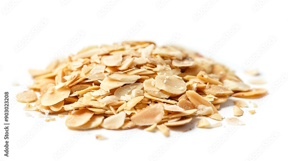 Poster heap of raw almond flakes isolated on white background focus stacking : generative ai
