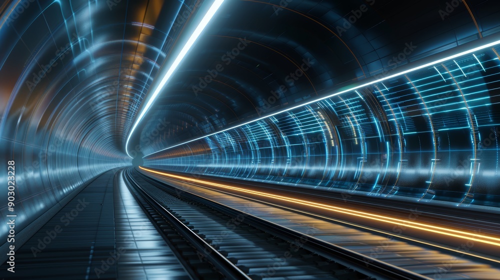 Poster abstract futuristic tunnel with glowing blue and orange lights. the tunnel is lined with digital pat