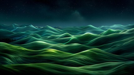 Green abstract landscape forming rolling hills under starry night