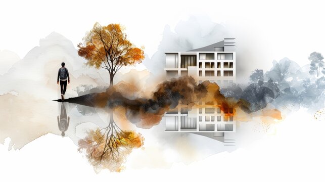 A solitary figure walks towards a modern house reflected in a tranquil lake, surrounded by fall foliage.