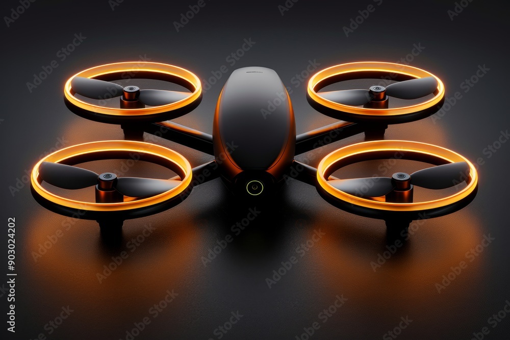 Poster black and orange circular propeller drone in a dark studio setting showcasing advanced technology an