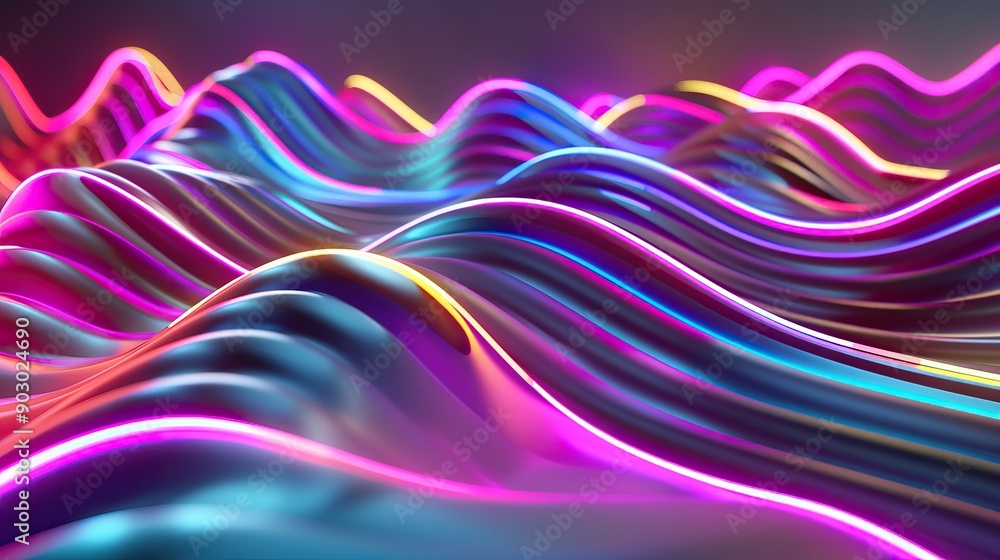 Poster 3d background with dynamic glowing neon wavy lines