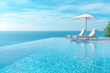 Plakat Beautiful luxury swimming pool on sea view and umbrella and chair in hotel resort