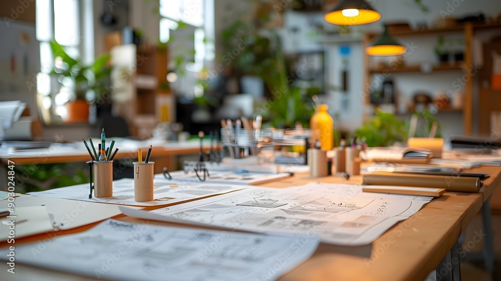 Poster creative studio with sketches models and prototypes showcasing the idea process