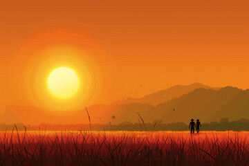 Sunset Landscape with Couple Silhouette